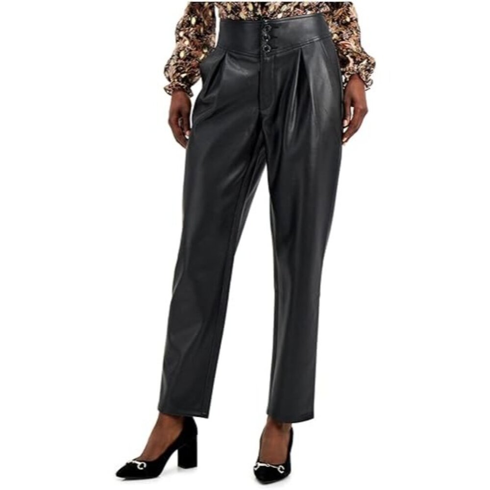 INC International Concepts Women's Faux-Leather Pleat-Front Pants Black Size 10